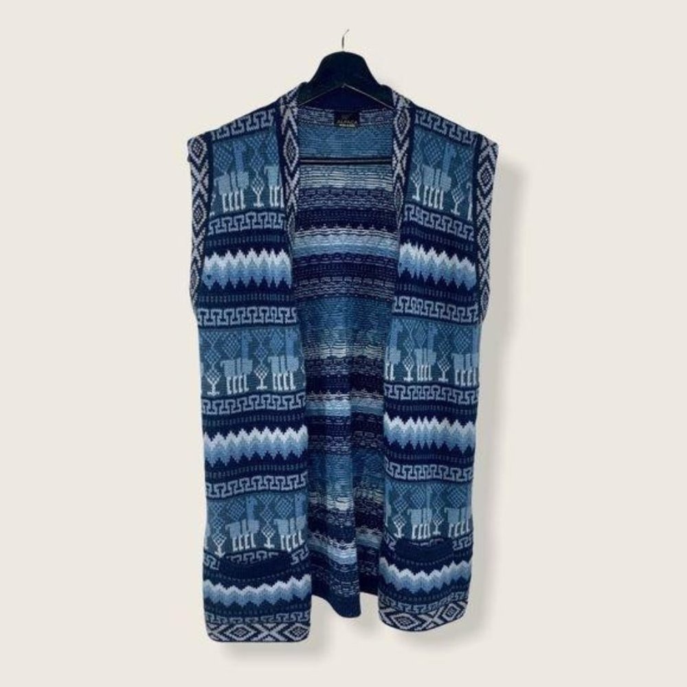 Blue Alpaca Pattern Open Front Knit Vest Medium